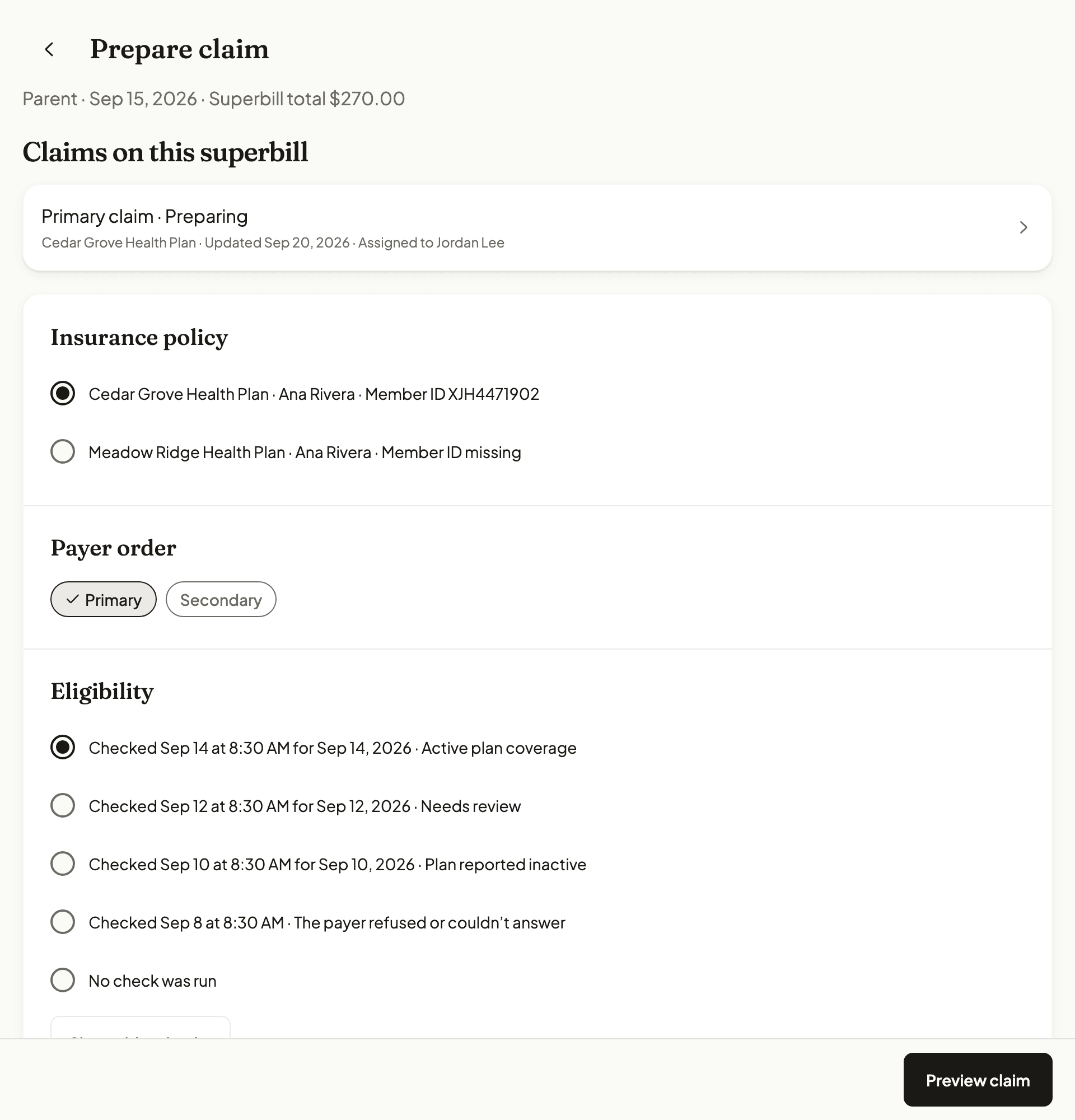 NuBloom Prepare claim screen for a sample finalized superbill dated Sep 15, 2026. Cedar Grove Health Plan is the chosen policy, Primary is the payer order, and an earlier active eligibility check is selected. No check was run is also offered.