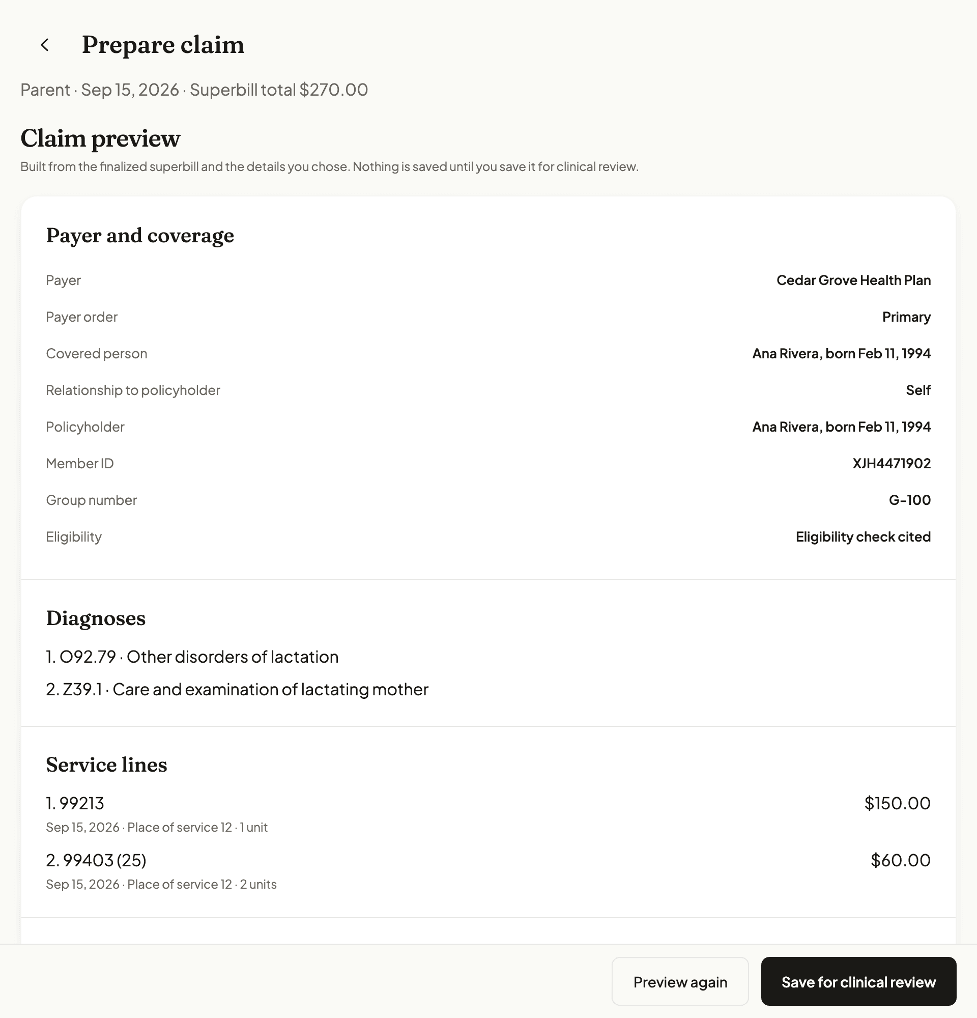 NuBloom claim preview built from a sample superbill: payer, payer order, covered person, member ID, group number, two diagnoses and two service lines, with Preview again and Save for clinical review buttons.