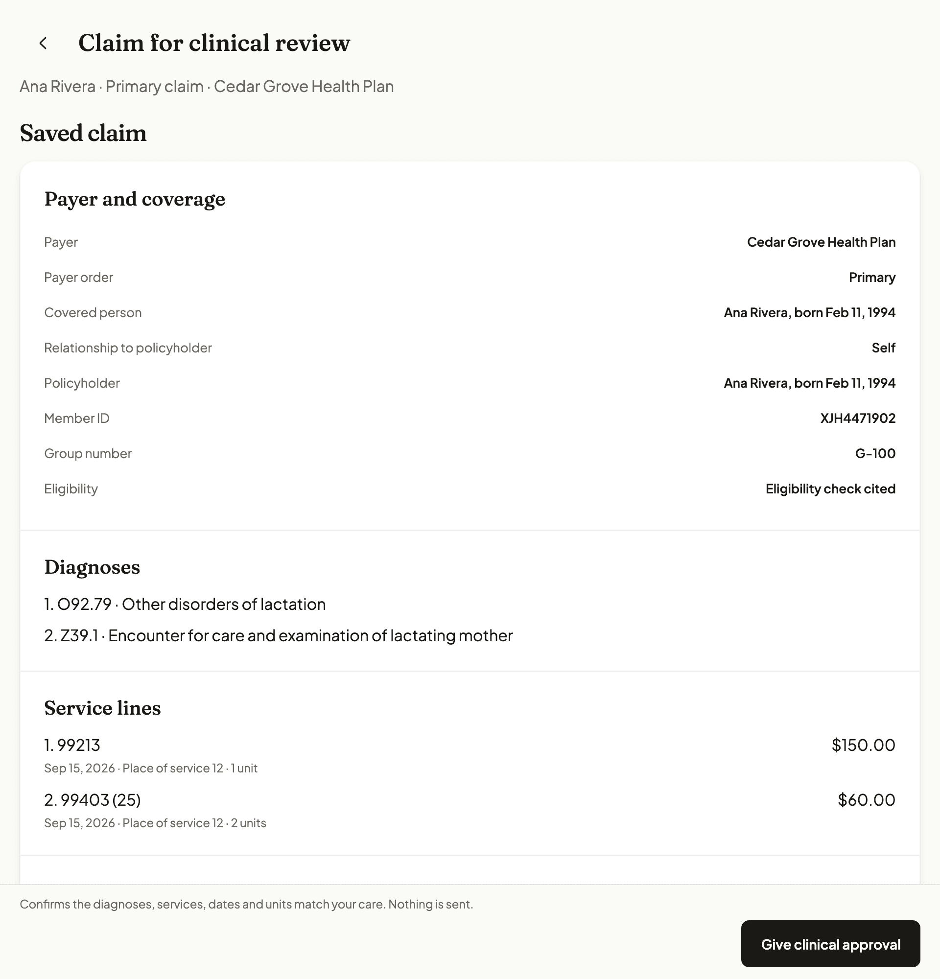 NuBloom claim review seen by the sample rendering provider. The saved claim lists payer details, diagnoses and service lines. The action bar says the approval confirms the diagnoses, services, dates and units match your care and that nothing is sent, next to Give clinical approval.