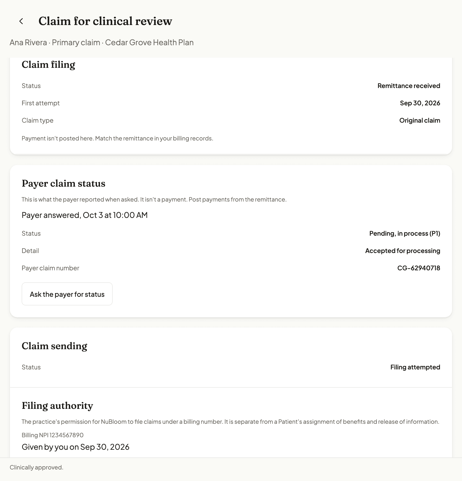 NuBloom claim filing status for a sample sent claim showing Remittance received, the first attempt date and a note that payment is not posted there, followed by the payer’s answer to a status request: Pending, in process, accepted for processing, with an Ask the payer for status button.