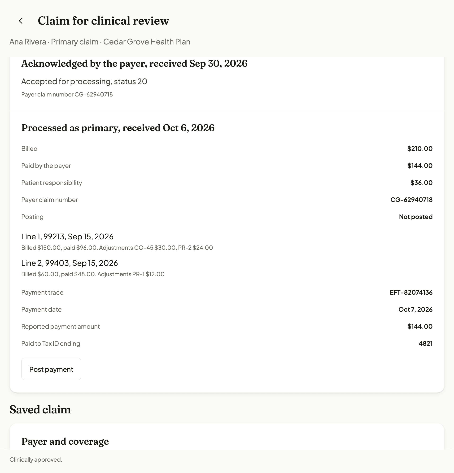 NuBloom payer responses for a sample claim: a payer acknowledgment, then a remittance processed as primary showing billed $210, paid by the payer $144, Patient responsibility $36, line adjustments, payment trace and a Post payment button.
