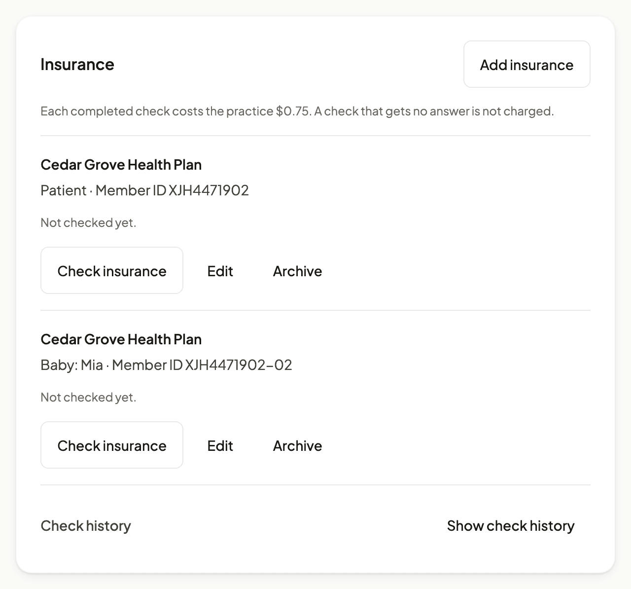 NuBloom chart Insurance card for a sample Patient with two Cedar Grove Health Plan policies, one for the Patient and one for baby Mia. Each says Not checked yet and has a Check insurance button. A line above says each completed check costs the practice $0.75.