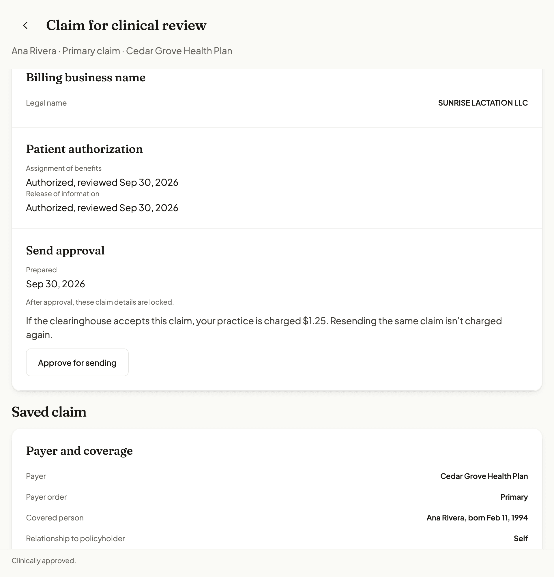 NuBloom claim review seen by sample billing staff: billing business name, Patient authorization for assignment of benefits and release of information, and Send approval for the prepared claim file, with the accepted-claim fee and an Approve for sending button.
