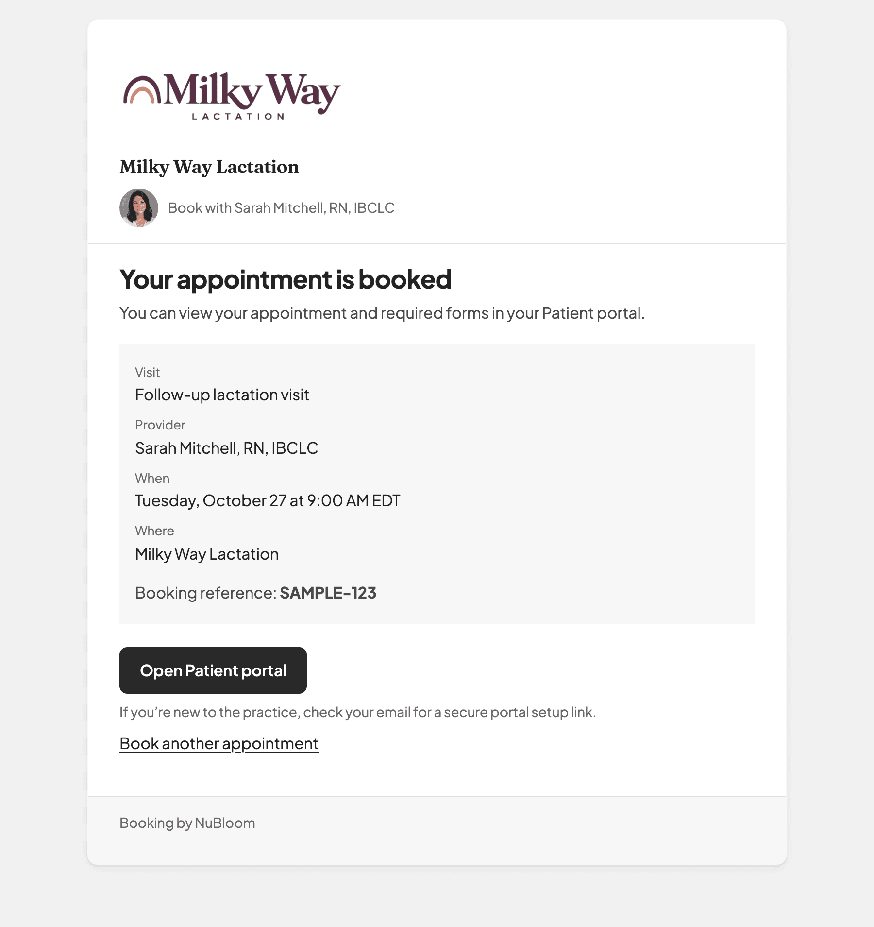 Current NuBloom booking result screen showing a sample practice logo, provider profile photo, and confirmed follow-up visit.
