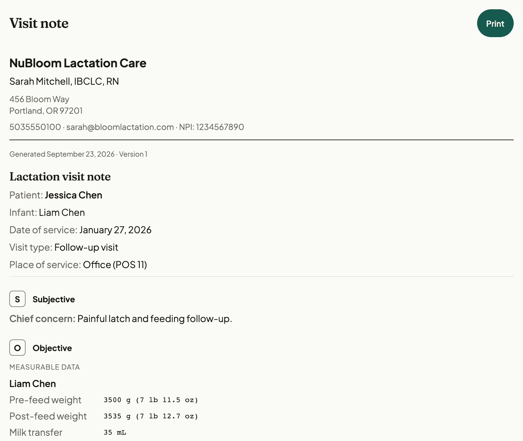Current NuBloom provider visit note preview showing a lactation note for a sample Patient and baby.