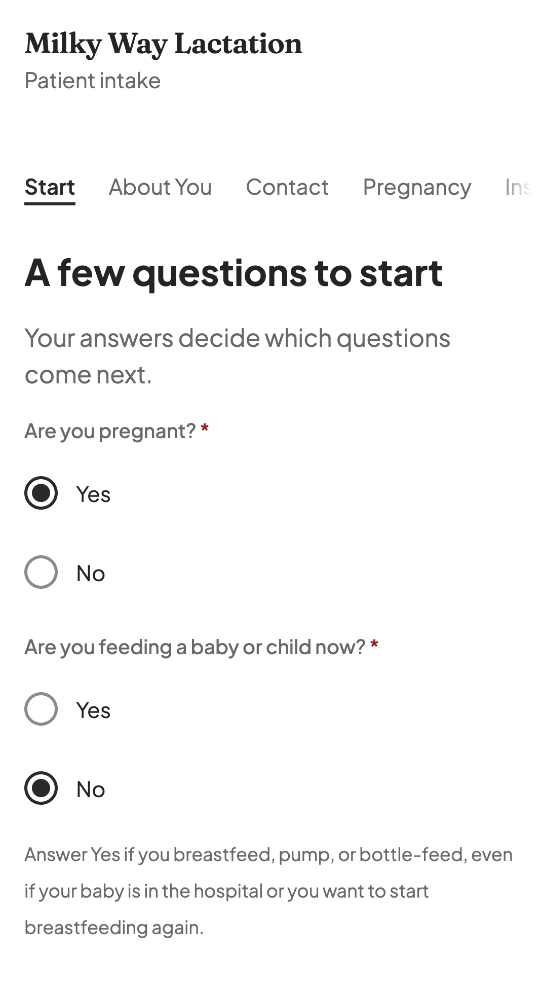 Sample intake opening questions: Are you pregnant? and Are you feeding a baby or child now?