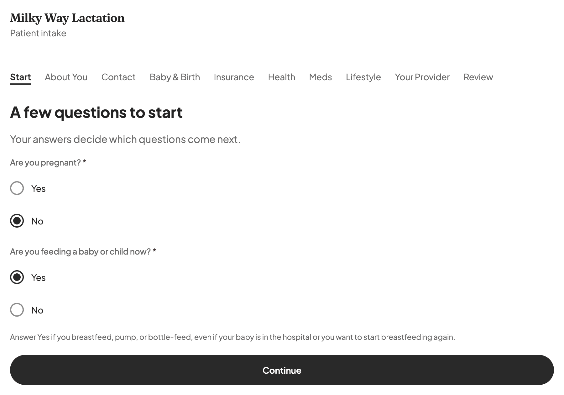 Current NuBloom Patient intake opening questions for a sample practice: Are you pregnant? No. Are you feeding a baby or child now? Yes. The step list shows Baby & Birth and no Pregnancy section.