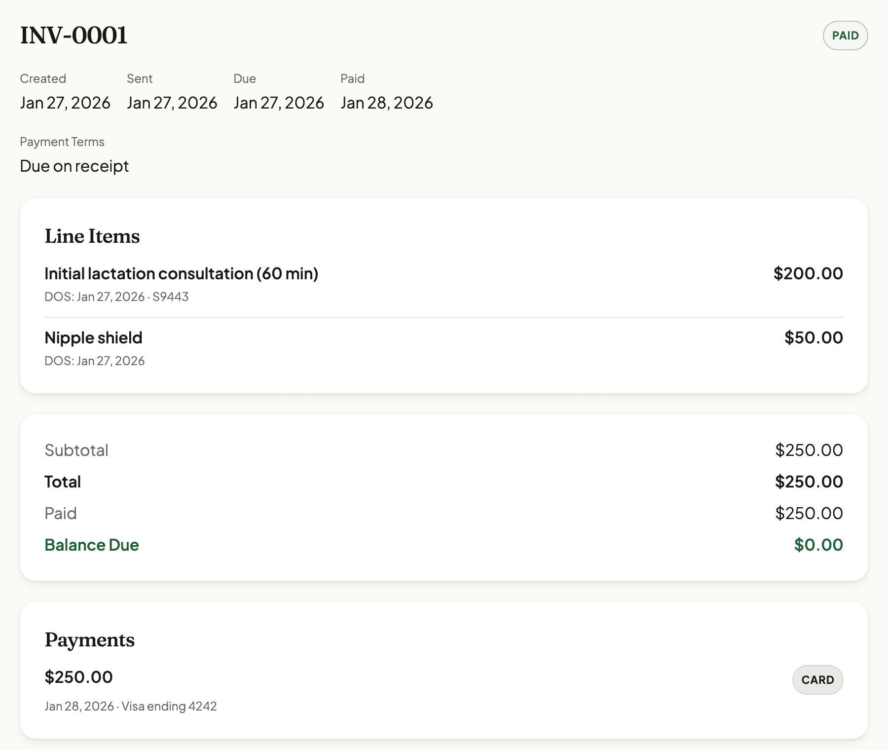 Current NuBloom provider invoice screen marked paid, with line items and a zero balance.